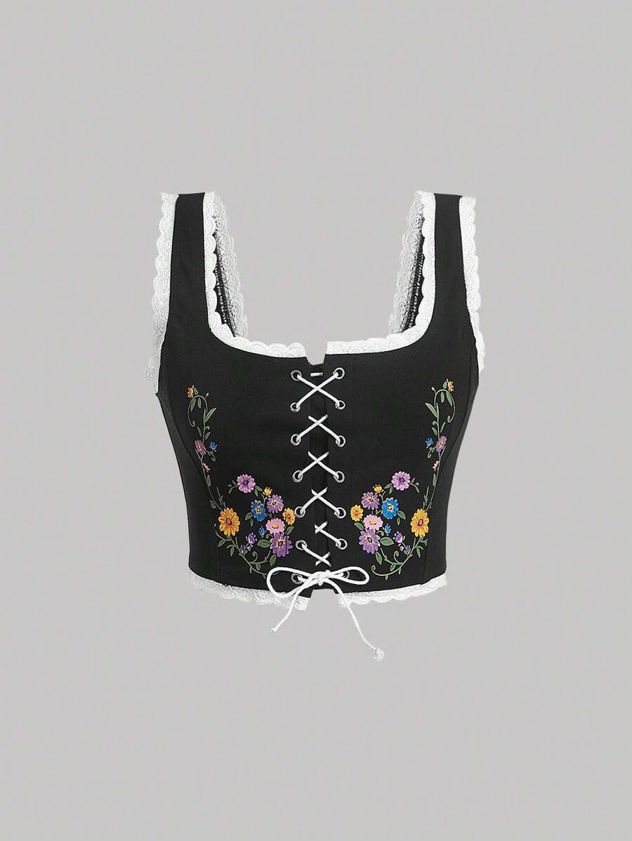 SHEIN MOD Floral Print Lace Up Front Contrast Lace Top - Black - View 1