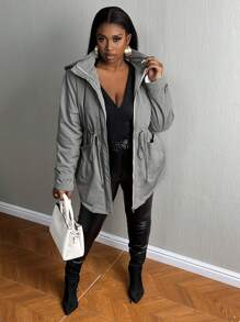 Slaydiva Plus Size Flap Pocket Drawstring Waist Hooded Padded Coat - Dark Grey - View 4