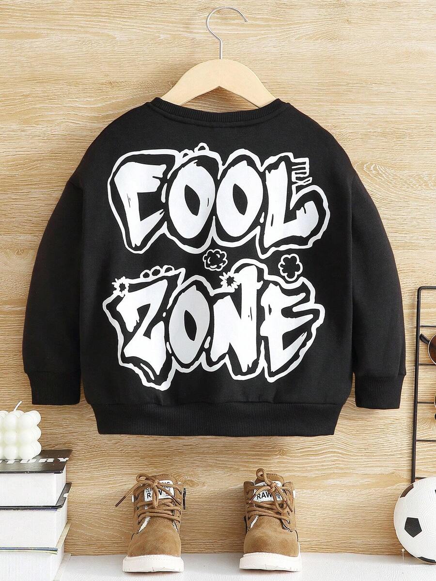 SHEIN 男孩字母圖案落肩袖運動衫 - 黑色 - 查看 1