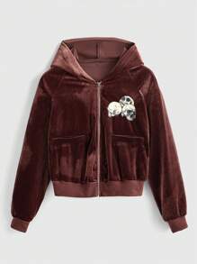 ROMWE Grunge Punk 骷髏骷髅頭圖案拉鏈開襟絲絨連帽夾克 - 棕色 - 查看 2