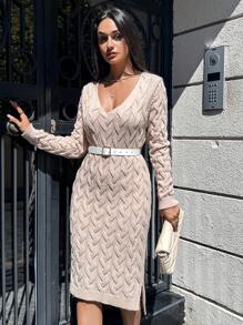 EURMUSE Pointelle Knit Split Hem Sweater Dress Without Belt - Apricot - View 4