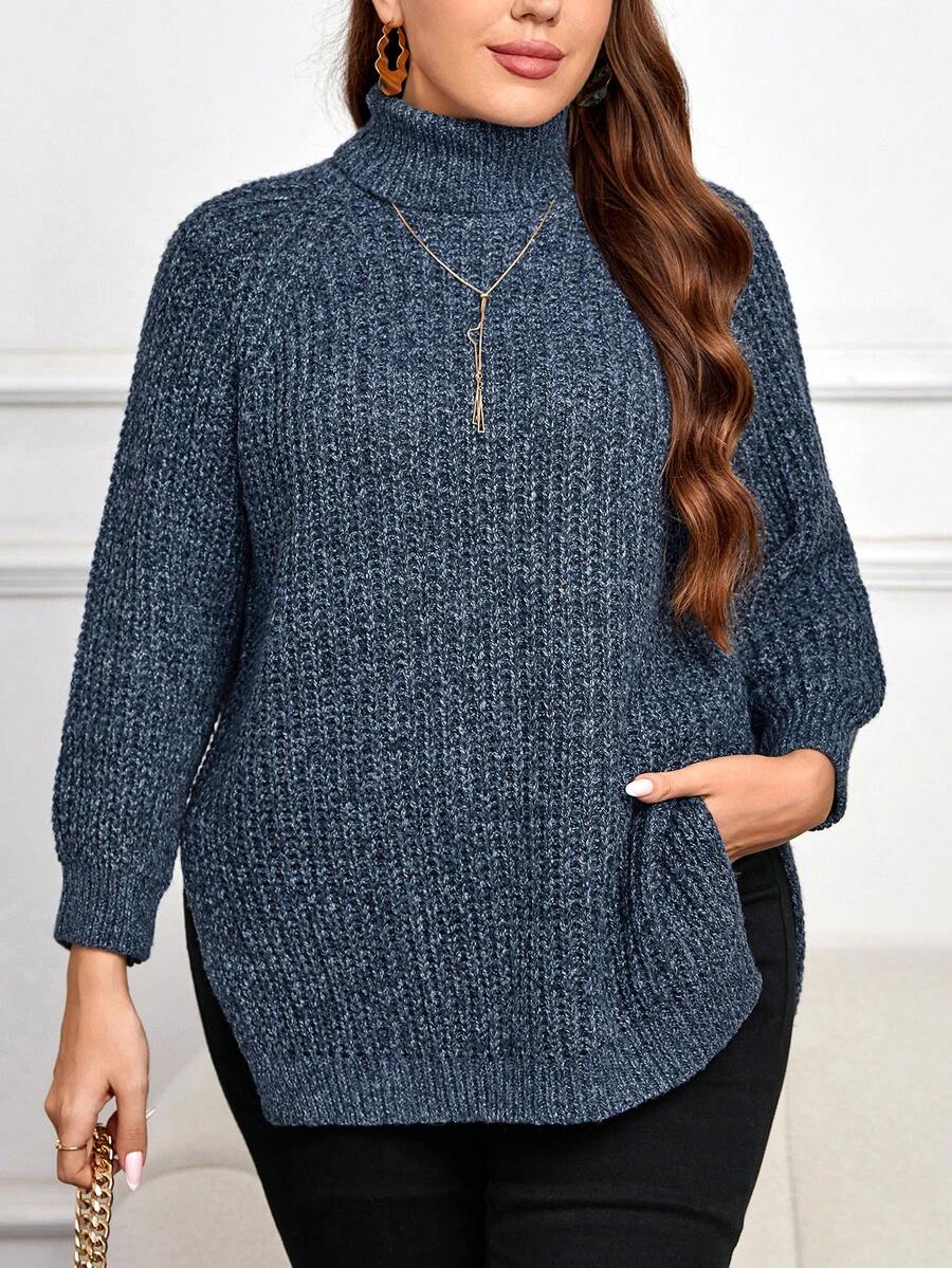 SHEIN Frenchy Plus Turtleneck Raglan Sleeve Sweater - Blue - View 1
