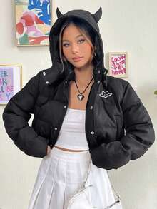 SHEIN EZwear 字母图案拉链按扣短款棉服外套 - 黑色 - 查看 3