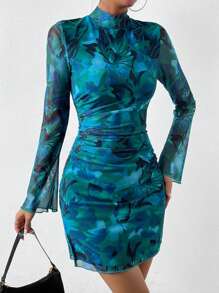Zolique Allover Print Mock Neck Ruched Bodycon Dress