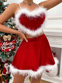 Allurite Trang trí Fuzzy Cami ngọn & Váy - Đỏ và trắng - Xem 5