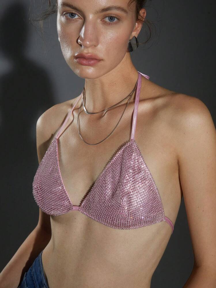 Tie Backless Rhinestone Crop Halter Top