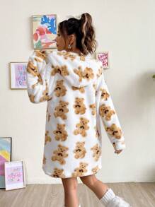 SHEIN EZwear Họa tiết gấu Thả vai áo có mũ Áo khoác Teddy & Quần short - Màu be - Xem 2