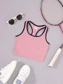 SHEIN Tween Girl Contrast Binding Racerback Sports Bra - Pink - View 1