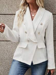 SHEIN Clasi 青果領雙排釦翻蓋細節花呢外套 - 白色 - 查看 6