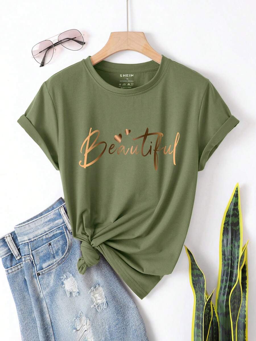 INAWLY Plus Letter Graphic Tee Graphic Tees Women Tops - Army Green - View 1