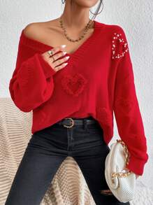 Celisse Heart Pattern Drop Shoulder Sweater Knit Pullover Fall Winter Outfit - Red - View 3