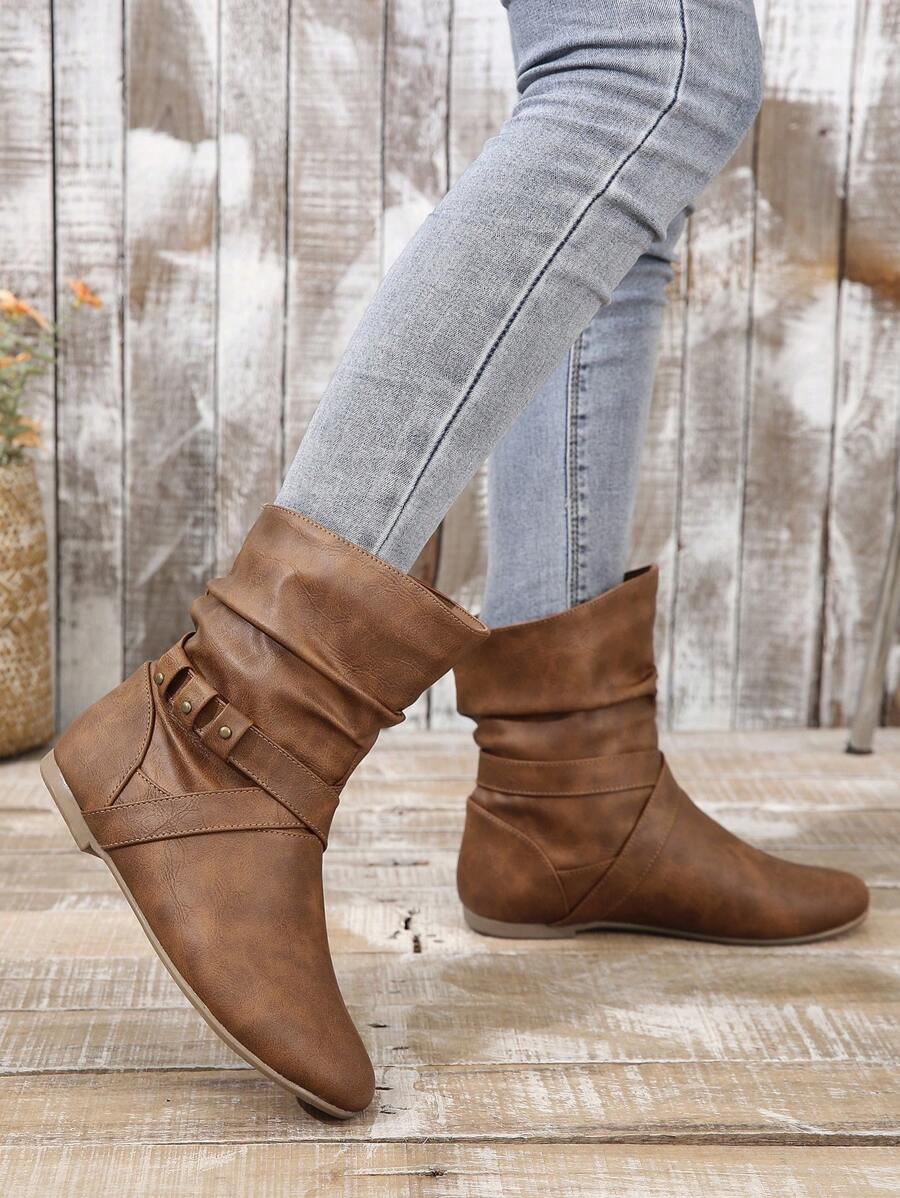 Ladies' Fashionable Brown Ribbon Wrinkle Detail Slip-on Low Cut Flat Boots - Brown - View 1