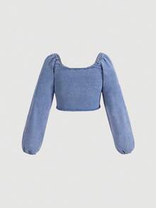 SHEIN MOD Plus Drawstring Front Lantern Sleeve Crop Denim Top - Light Wash - View 2