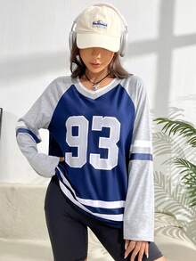 SHEIN Unity Đồ họa Chữ cái Tay Raglan Sọc trang trí Áo thun - Nhiều màu - Xem 5