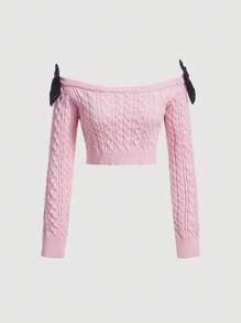 SHEIN MOD Off Shoulder Bow Detail Cable Knit Sweater - Pink - View 1