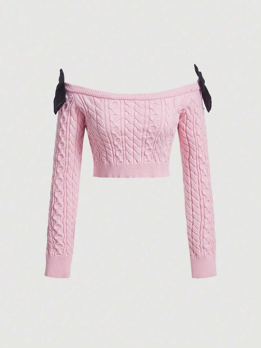 SHEIN MOD Off Shoulder Bow Detail Cable Knit Sweater - Pink - View 1
