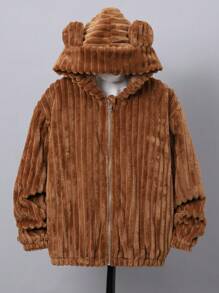 SHEIN Tween Boy 3D Ear Design Hooded Fleece Jacket - Brown - View 7