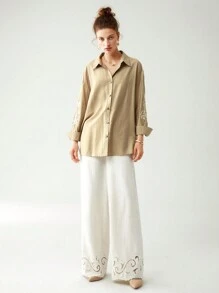 Anewsta Camisa con inserción de encaje guipur de hombros caídos - Caqui - Ver 3