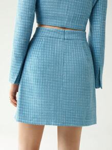 Chiquease High Waist Split Hem Tweed Skirt - Blue - View 2