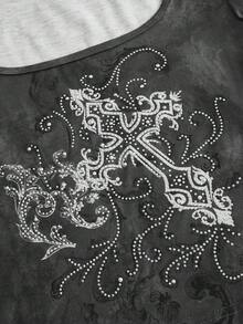 ROMWE Grunge Punk Camiseta crop cruzado con estampado - Gris - Ver 4