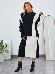 SHEIN Essnce 大碼雙色落肩袖毛衣和針織裙 - 黑與白 - 查看 4