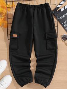 SHEIN 男大童字母補丁細節側翻蓋口袋衛褲 - 黑色 - 查看 1