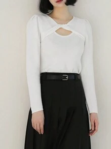 DAZY Unifarben Twist-Ausschnitt Ausschnitt Puffärmel Pullover Herbst - Weiss - Übersicht 4