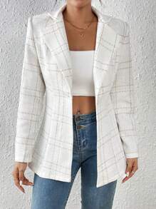 Chiquease Plaid Pattern Lapel Neck Single Button Blazer - White - View 3