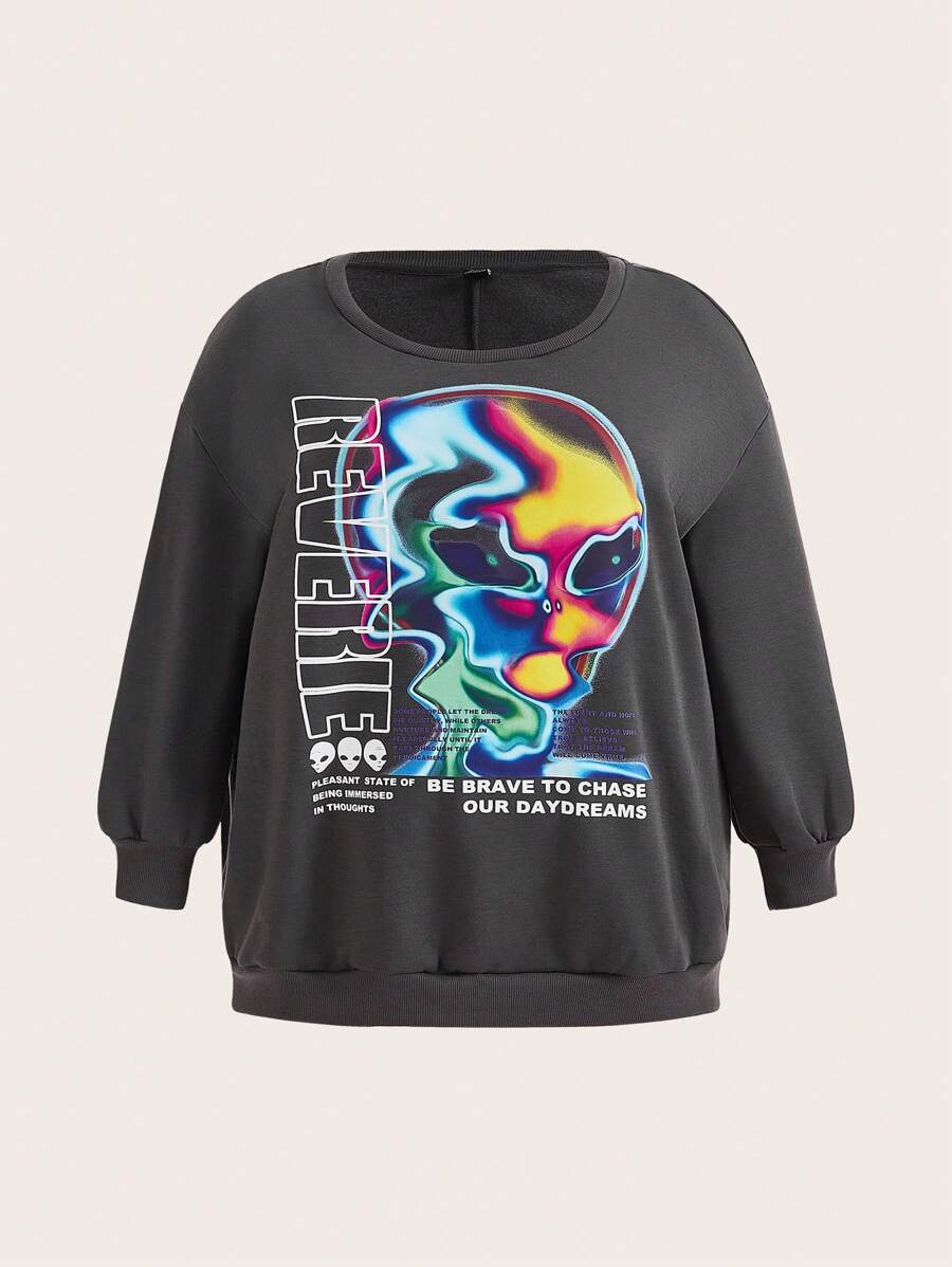 SHEIN CURVE+ 大碼字母與外星人印花落肩套頭衫 - 灰色 - 查看 1