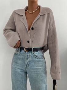 SHEIN LUNE Drop Shoulder Button Front Cardigan,Long Sleeve Tops - Khaki - View 1