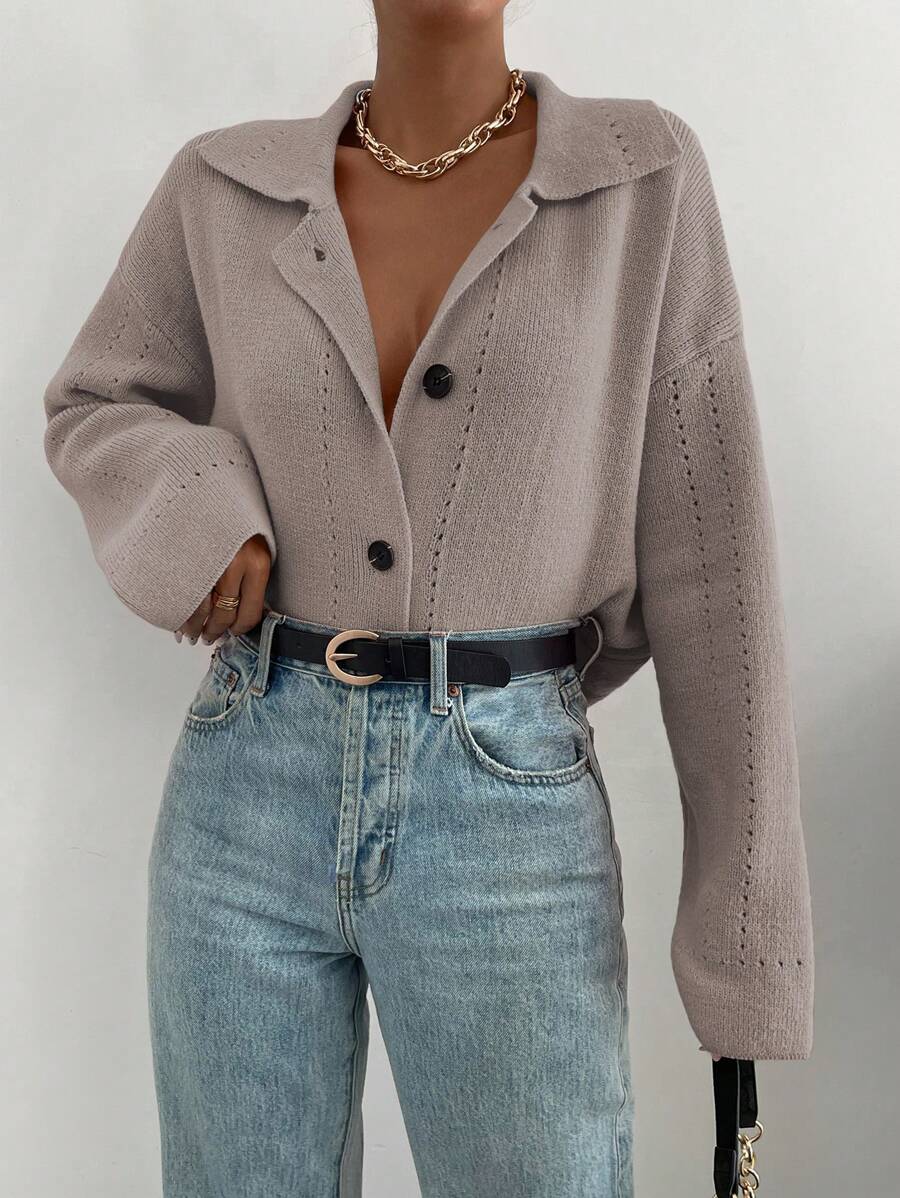 SHEIN LUNE Drop Shoulder Button Front Cardigan,Long Sleeve Tops - Khaki - View 1