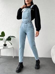 Cottnline Slant Pocket Denim Overalls Without Top - Blue - View 3