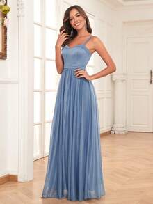 素色金屬亮絲吊帶裙伴娘禮服