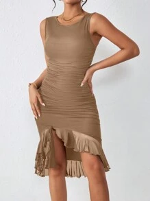 Allurite Vestido fruncido bajo con fruncido fruncido bajo asimétrico - Caqui - Ver 3