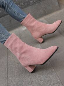 基本款素色粉色的短毛絨尖頭高跟鞋時尚靴子適合女士 - 藕粉色 - 查看 1