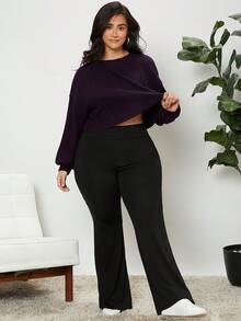 SHEIN Essnce 大碼落肩袖條紋針織T恤 - 紫色 - 查看 5