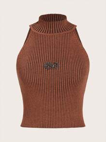 SHEIN ICON Letter Patched Knit Top - Orange - View 1