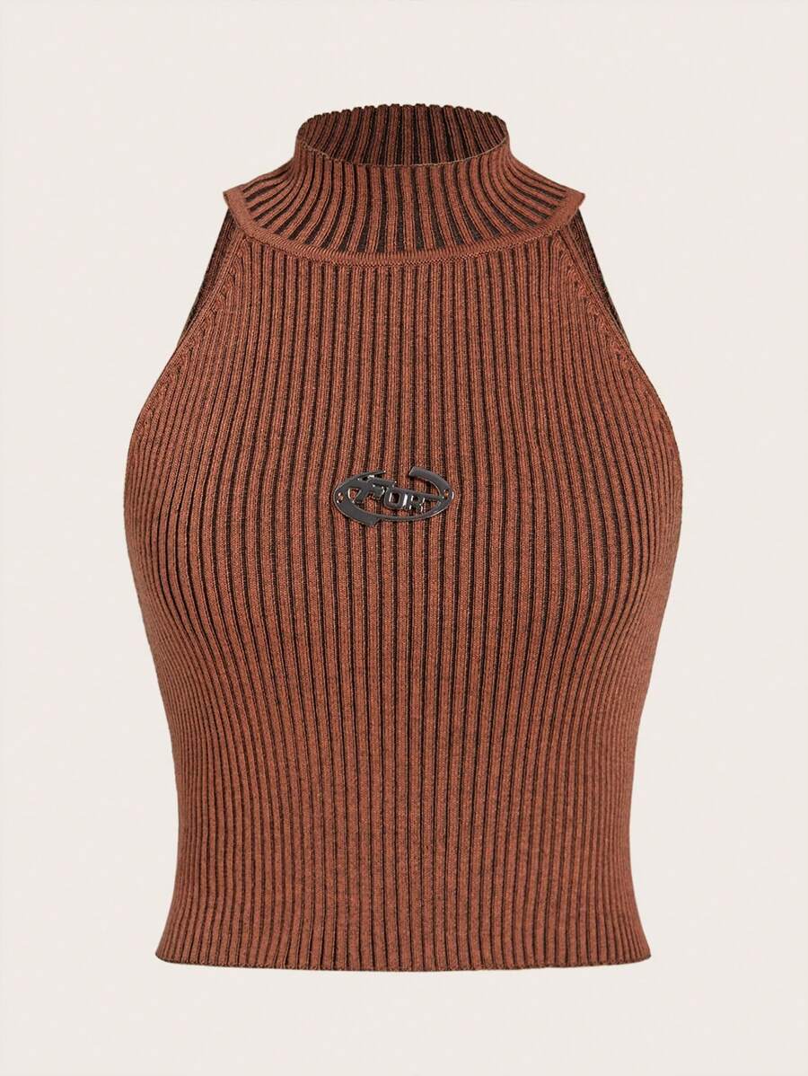 SHEIN ICON Letter Patched Knit Top - Orange - View 1