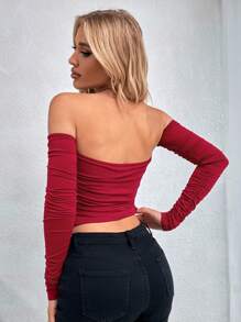 Chiquease Top Court Col Bardot À Ourlet Duveteux À Ruché