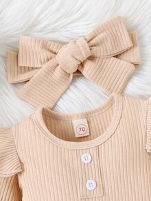 女嬰荷葉邊連身背心&前蝴蝶結衛褲＆ 頭巾