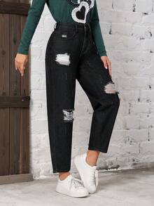 SHEIN EZwear High Waist Ripped Mom Fit Jeans - Black - View 5