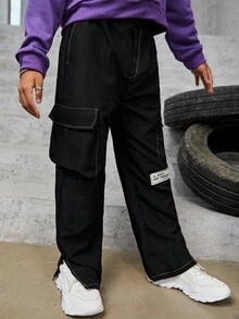 男大童字母補丁細節側翻蓋口袋下擺開叉長褲 - 黑色 - 查看 5