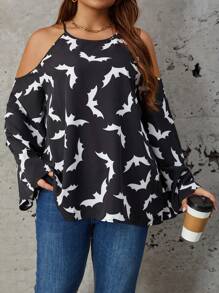SHEIN LUNE Hơn Halloween In dơi Vai lạnh Áo sơ mi - Đen và trắng - Xem 1