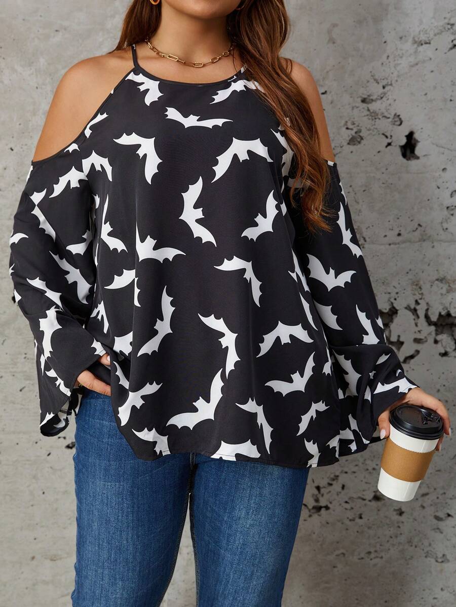 SHEIN LUNE Hơn Halloween In dơi Vai lạnh Áo sơ mi - Đen và trắng - Xem 1