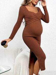 SHEIN Maternity Sweetheart Neck Split Thigh Bodycon Dress - Brown - View 1