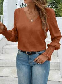 SHEIN Clasi 素色V領燈籠袖襯衫 - 咖啡棕 - 查看 5