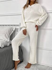 SHEIN LUNE 落肩袖抽繩連帽套頭毛衣和針織褲 - 杏色 - 查看 5