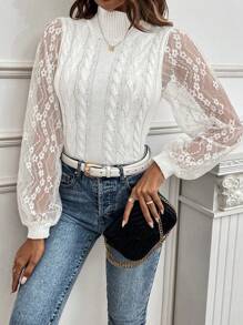 SHEIN Privé Contrast Lace Lantern Sleeve Mock Neck Cable Knit Sweater - White - View 1