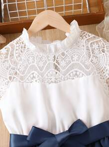 Tween Girl Contrast Lace Panel Frill Neck Belted Dress - Blue - View 5