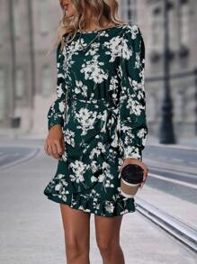 SHEIN Clasi Floral Print Knot Side Ruffle Trim Wrap Hem Dress